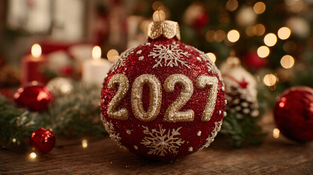 Celebration of New Year and Christmas with a red ornament showing the year 2027 and festive decorations