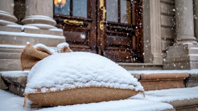 Snow-covered burlap sandbag on stone steps. Falling snow at a building entrance with wooden doors. Winter storm protection concept