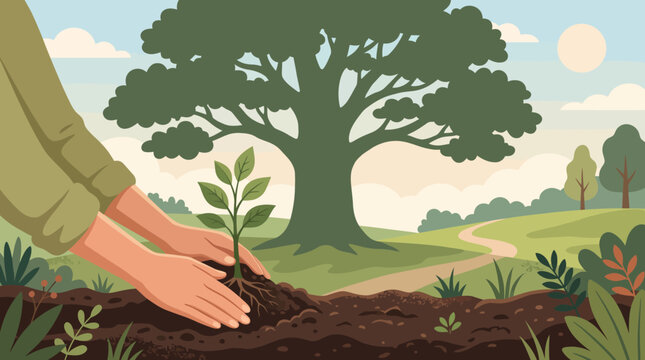 Hands carefully planting a young sapling in fertile soil for future growth.