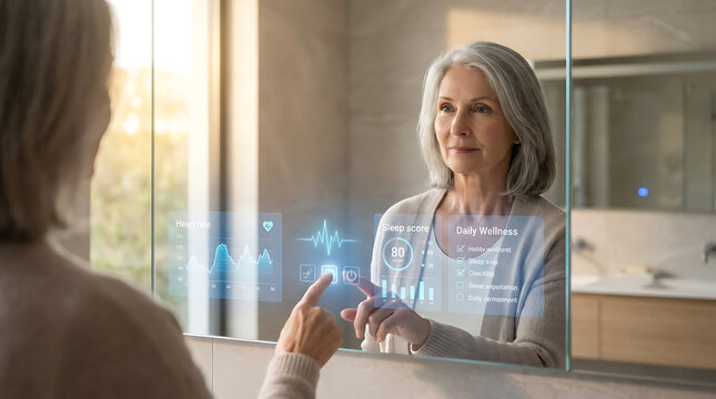 Senior woman touching interactive smart mirror display showing health statistics heart rate sleep score and daily wellness checklist in modern bathroom home interior setting.