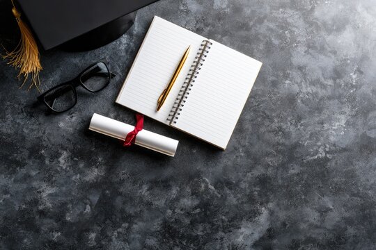 Graduation cap, glasses, diploma, and open notebook with pen on a textured background