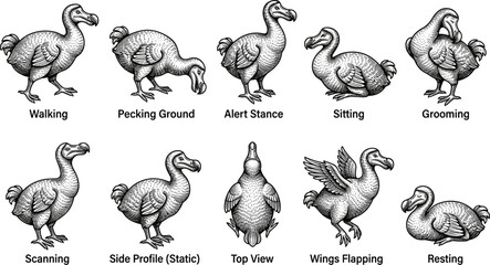 vector can editable Vintage style engraving illustrations of the extinct dodo bird in multiple naturalistic poses © Nabil