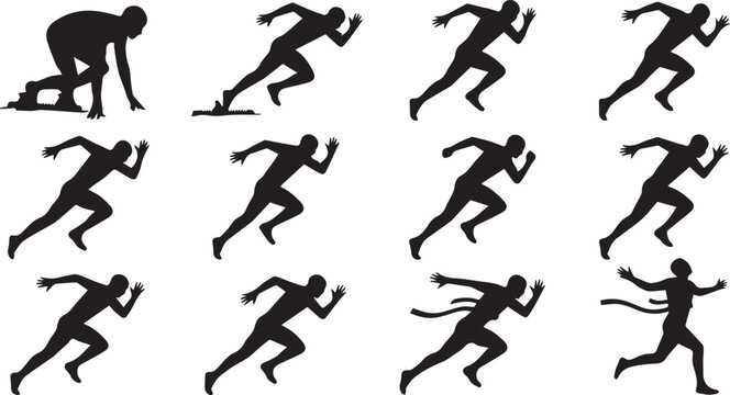 Set of black silhouettes showcasing athletes running in various stages of a track race competition