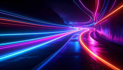 Fototapeta premium Lit tunnel with vibrant neon streaks, reflecting on a wet surface, a futuristic scene