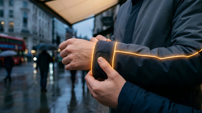 Person adjusting glowing smart clothing seam in urban rainy evening setting