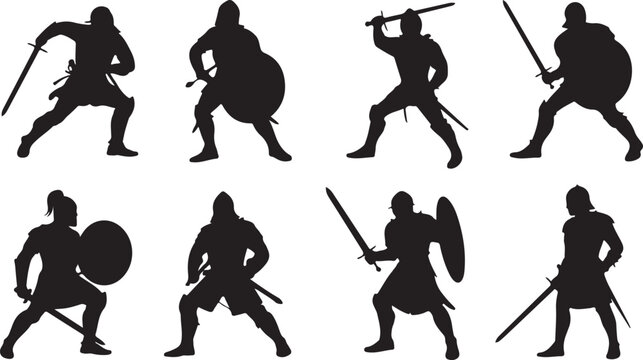 Powerful collection of medieval warrior and knight silhouettes in dynamic combat poses holding swords and protective shields