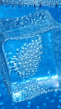 Macro Shot of Bubbles Trapped Inside a Rotating Ice Cube in Blue Liquid