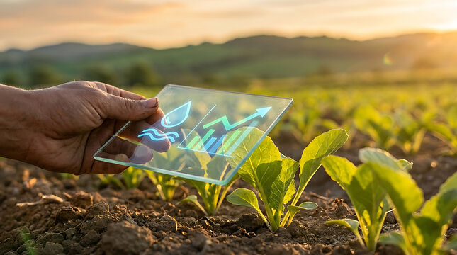 Farmer holding transparent digital tablet screen displaying irrigation statistics and growth trend charts in sunlit agricultural field with lush green crops during golden hour.