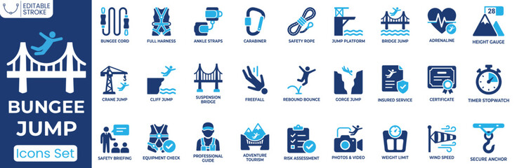 Bungee Jumping icon set. Containing bungee cord, harness, carabiner, freefall, risk assessment, adventure tourism and more. Solid vector icons collection © ToufikGlyph