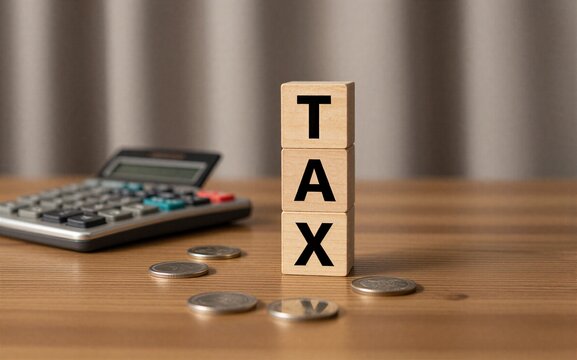 Wooden blocks spell "TAX" on a desk with coins and calculator, symbolizing financial obligations.