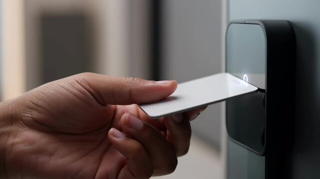 Close-up of hand swiping access card on modern security reader for entry