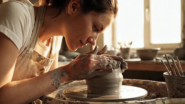 Female potter working with clay on spinning wheel in workshop. Young woman shaping ceramic bowl during creative craft process in sunlit pottery studio environment