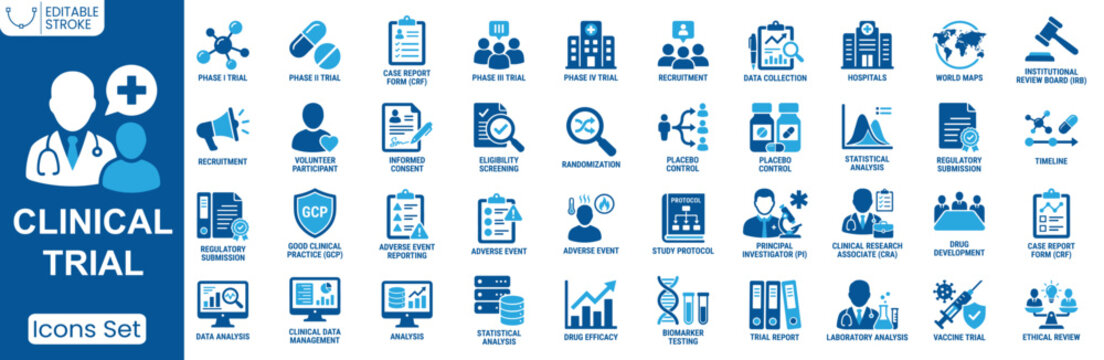Clinical trial icon set. Containing phase I, phase II, phase III, recruitment, informed consent, data analysis, laboratory testing, vaccine trial and more. Solid vector icons collection