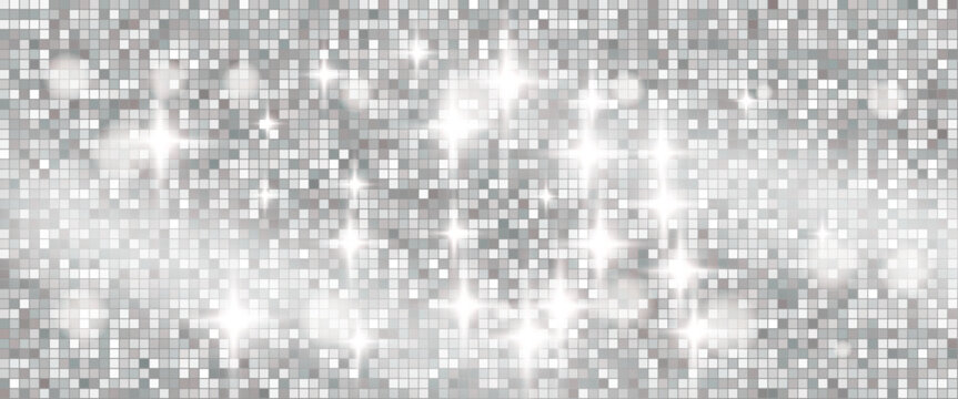 Sequin disco mosaic with mirror ball sparkle on silver background. Shiny sequin grid with glitter tile texture and white shimmer. Vector disco backdrop pattern for Christmas party flyer