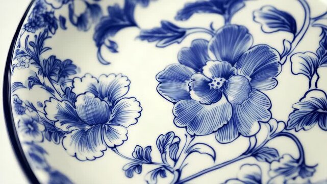 A vintage blue and white porcelain plate decorated with intricate floral design in a classic style.