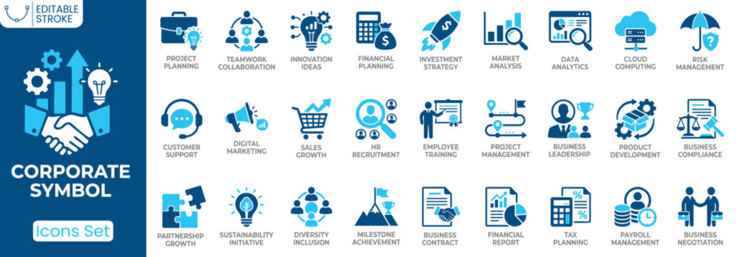 Corporate business icon set. Containing project planning, teamwork, financial planning, market analysis, cloud computing, business leadership, tax planning, customer support and more. Solid vector ico