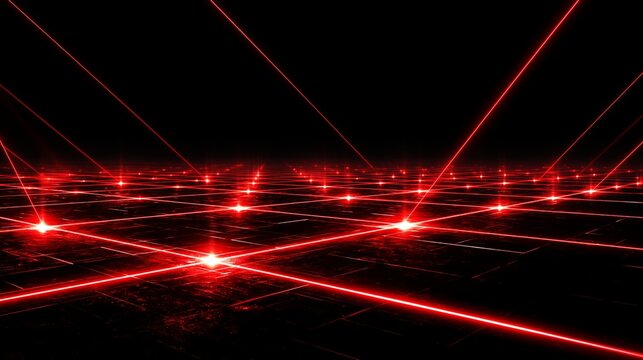 Bright red laser beams intersect across a dark reflective digital grid surface creating an intense futuristic high tech visual background
