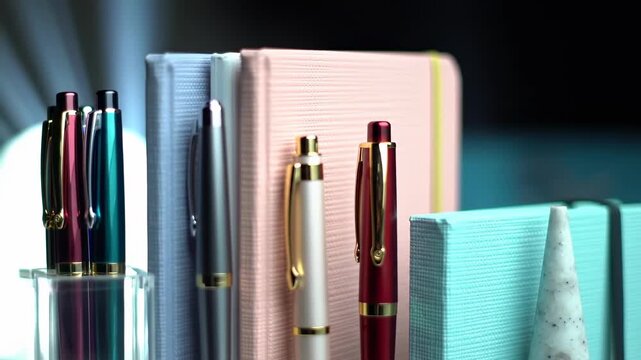 assortment of colorful pens and notebooks, elegant writing tools for planning and journaling, office supplies
