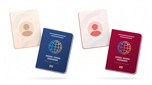 Clean 3D vector illustration on white background: display four passport cards in two styles .Include a central globe emblem Include a central globe emblem on the blue/red passports .