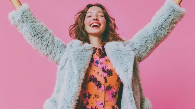 A young woman with brown hair smiling and opening her arms wide, wearing a light blue fuzzy coat over a floral print dress.