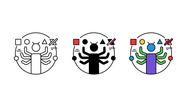 Multitasking business person icon set featuring character with many arms.
