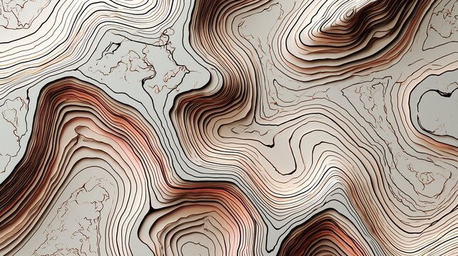 Abstract topographic map pattern with layered paper textures featuring soft beige and copper gradients in a modern three dimensional design