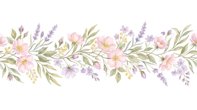 Watercolor vector border with lemons fruits, olives and citrus flowers. Hand painted botanical illustration lavender flowers isolated on white background