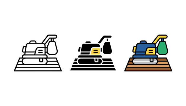 Vibratory plate compactor working on construction ground icon set.