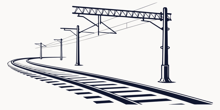 Minimalist black and white graphic drawing of curved railway tracks and overhead electric power line pylons with railroad catenary electricity