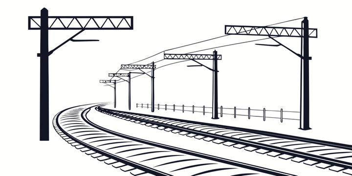Graphic illustration of railway tracks with overhead catenary electric power lines and safety fencing in perspective catenary infrastructure