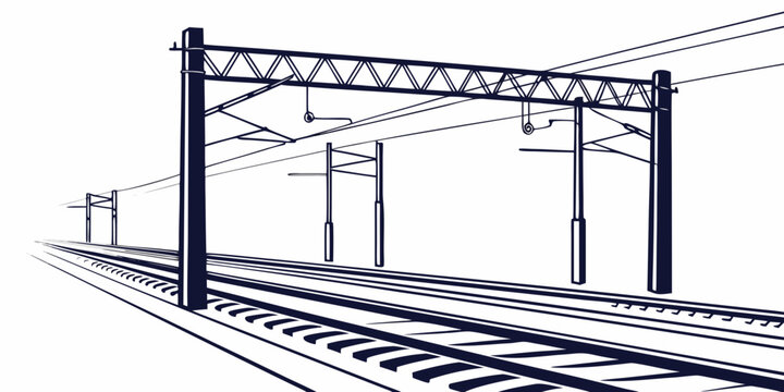 Illustration of electric railway infrastructure with overhead catenary gantry structures and tracks infrastructure catenary electricity railroad
