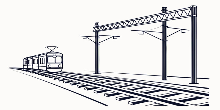 Graphic drawing of a passenger train traveling on tracks with overhead electric power catenary system transportation catenary railroad electricity