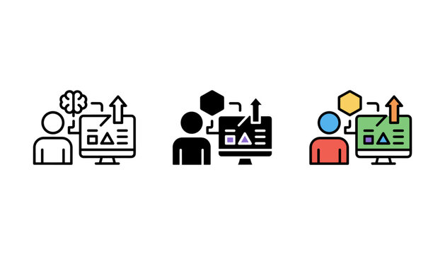 Business professional interacting with digital data management systems and analytical workflow diagrams.