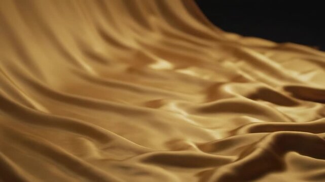 Golden silk fabric flowing and undulating, luxurious texture, elegant movement, dramatic lighting, abstract background