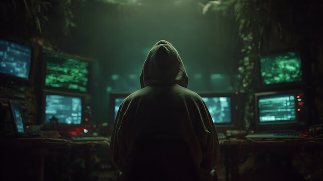 Cinematic and moody photography featuring intense mysterious hooded figure silhouette observing glowing computer screen in dark room