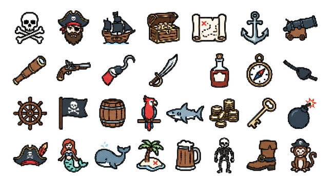 Colorful Pirate Themed Vector Icon Set with Ship and Treasure