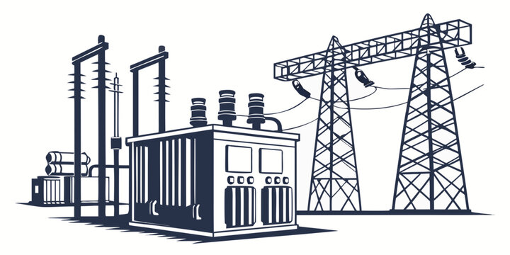 Industrial electrical substation equipment featuring power transformers and lattice transmission towers high voltage substation transformer