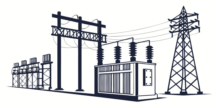 Industrial power grid substation with transformers and high voltage transmission infrastructure substation transformer electricity transmission