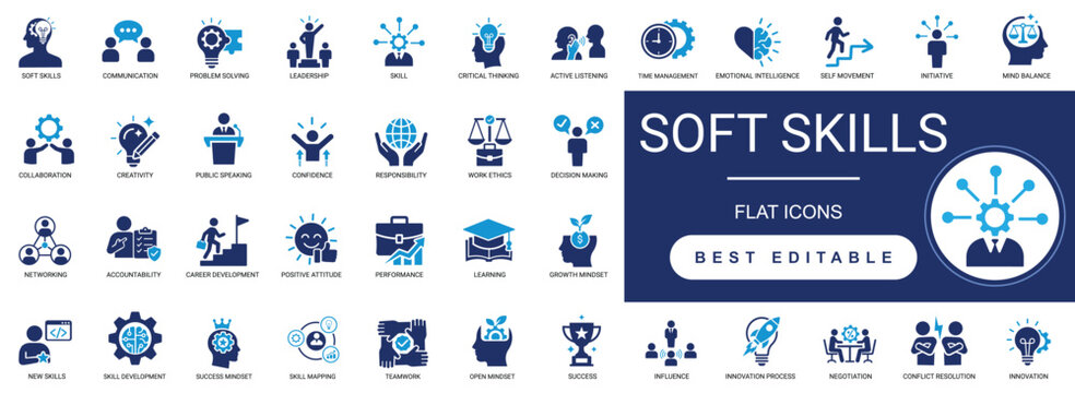 Soft skills solid icon set. teamwork, skill, leadership, motivation, communication, empathy, time management problem solving. editable vector illustration collection.