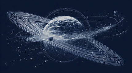 Naklejka premium Majestic blue planet with glowing ring in dark deep space universe cosmos minimalist stylized art composition creating awe and mystery