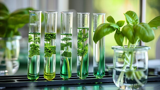 Laboratory test tubes featuring genetically engineered plants and concepts of organism reproduction