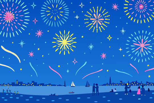 Fireworks display over a cityscape vector illustration with a dark blue background