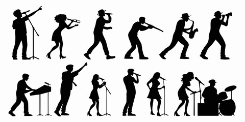 Set of black silhouettes of musicians and singers performing live music on stage with musician silhouette performance guitarist vocalist © Bf