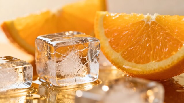 Orange slices and ice cubes on reflective surface