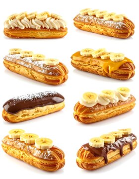 Assorted Eclair Pastries with Banana and Chocolate Toppings.