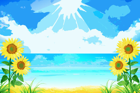 Sunflower landscape with blue sky and ocean vector illustration