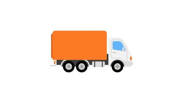 Side view of an animated large orange cargo freight truck driving on isolated white background loop video