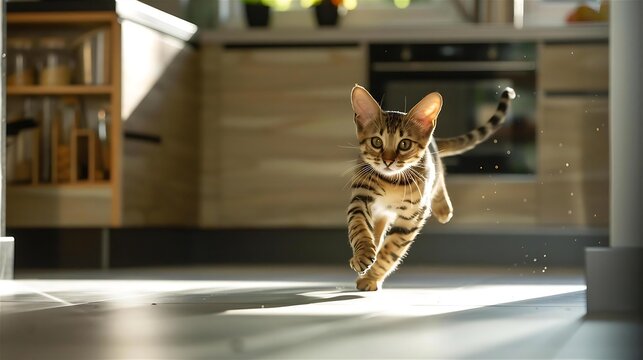 Playful Bengal Kitten Running on Kitchen Floor, Cute Spotted Cat Leaping in Sunlit Room