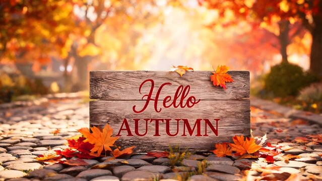 Autumn sign on cobblestone path