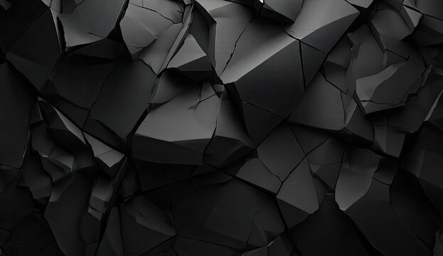 Abstract black 3D geometric background with fractured stone texture.